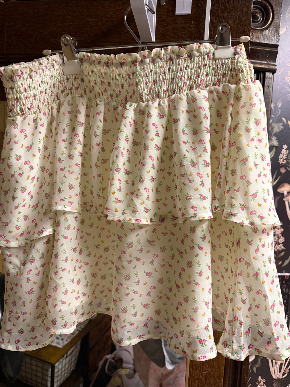 Smocked Waist Cream Mini Skirt with Pink Floral Print Betsey Johnson XL